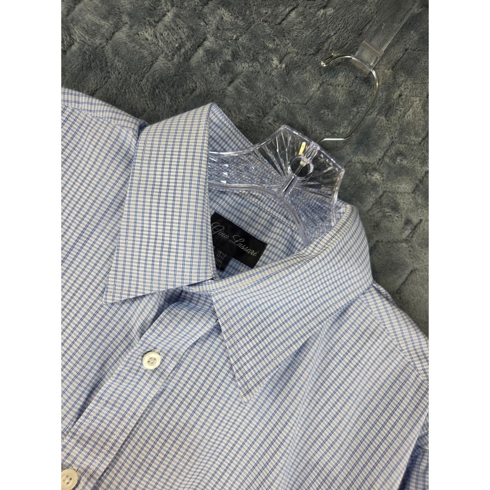 Gino Lussari Mens Blue White Micro Grid Button Down Shirt 15.5 32-33 Long Sleeve